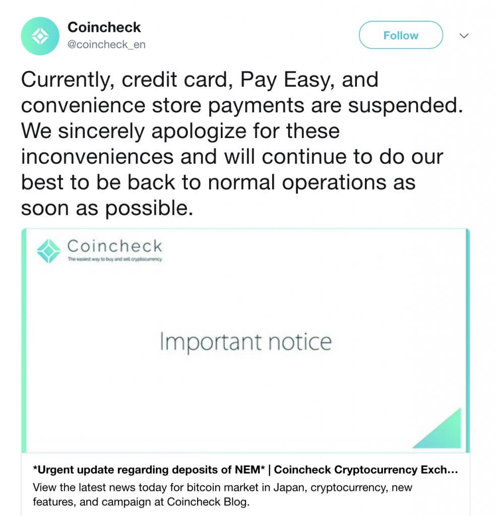 Coincheck Halts Withdrawals Amidst Hacking Rumors After $723 Million Withdrawn